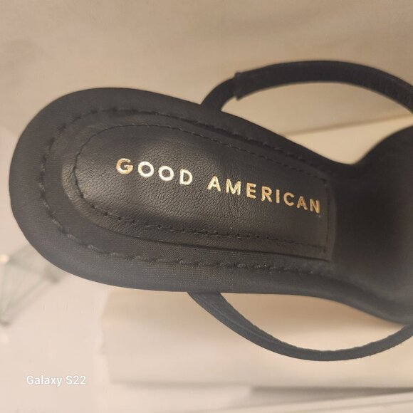 Good American Black Satin and Gold Rhinestone Square Toe Heels GA115K-X Size 5.5 - Picture 2 of 10